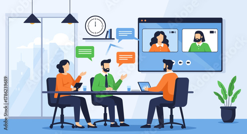 Business Team Having Hybrid Video Conference Meeting for Remote Collaboration, Project Discussion, and Corporate Communication in a Modern Office Environment