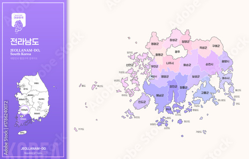 보라색 계열의 심플한 전라남도 윤곽선 지도