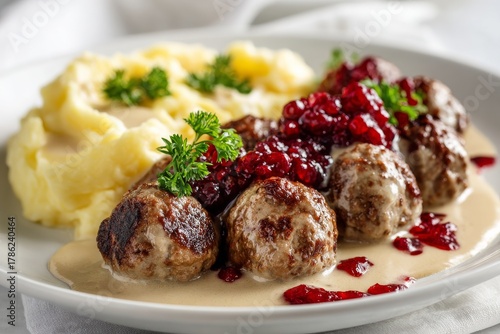 Delicious Swedish meatballs served with creamy mashed potatoes and lingonberry sauce on a simple white plate