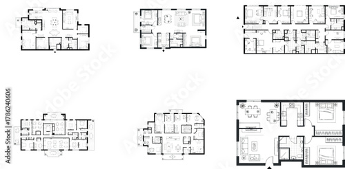 Assortment of six distinct floor plan blueprints for residential properties