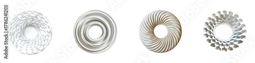 Multiple images of abstract sculpture with intricate, concentric, organic forms