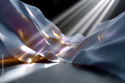 Fototapeta Naklejka Na Ścianę i Meble -  This abstract image features elegant waves of fabric displaying exquisite reflections of light, creating a serene and calming visual experience.
