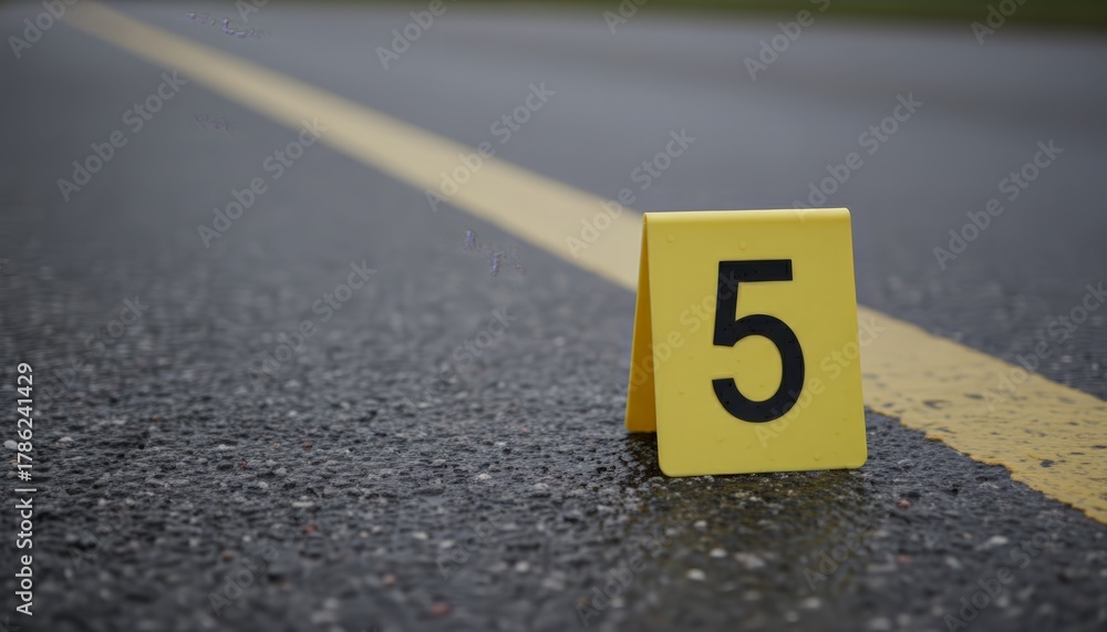 Naklejka premium Yellow evidence marker number 5 placed on wet asphalt road, indicating a specific point of interest during a crime scene investigation or forensic analysis
