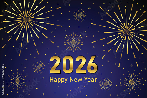 celebration happy new year 2026 with with golden firework and star element on blue background party theme poster vector illustration