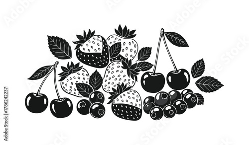 A still life illustration of fresh strawberries, cherries, and blueberries with leaves.