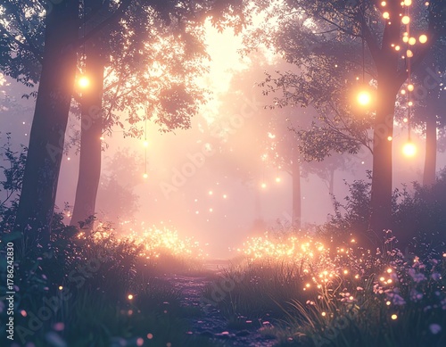 Dreamlike Forest with Floating Lights and a Dreamlike Atmosphere.