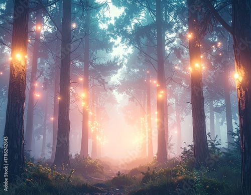 Dreamlike Forest with Floating Lights and a Dreamlike Atmosphere.