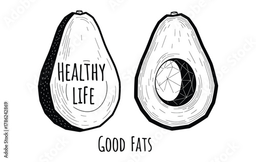 An illustration of an avocado split in half, with one half showing the pit and the other half containing text about a healthy life.