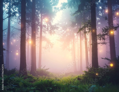 Dreamlike Forest with Floating Lights and a Dreamlike Atmosphere.