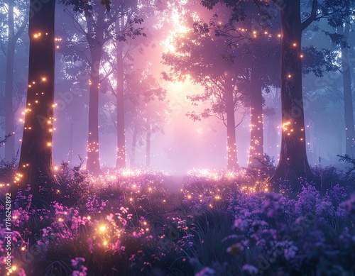 Dreamlike Forest with Floating Lights and a Dreamlike Atmosphere.