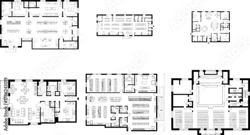 Compilation of six diverse architectural floor plans, depicting different types of living and working environments