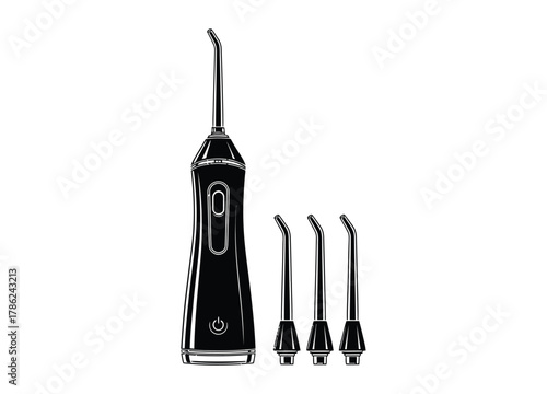 A black electric water flosser with three interchangeable nozzles is isolated on a white background.
