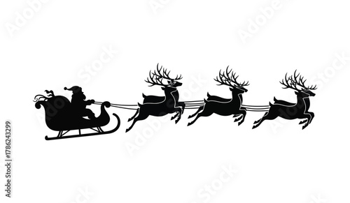 Silhouette of Santa Claus riding a sleigh pulled by reindeer on a white background.