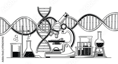 A scientific illustration displays a microscope and laboratory equipment alongside DNA strands, representing genetics and research.