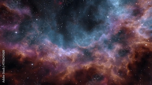 A vivid and expansive nebula in deep space showcasing swirling clouds of gas and dust illuminated by myriad distant stars