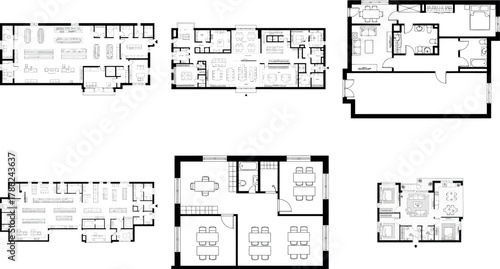 Set of six diverse floor plans for various building types