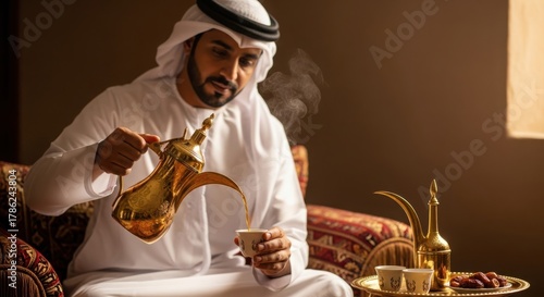 A man in traditional arabic clothing pours coffee from a dallah into a cup, with steam rising, in a warm, inviting setting