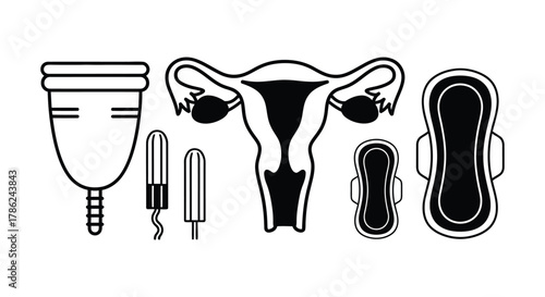 A diagram displays feminine hygiene products and a uterus with ovaries, symbolizing women's health.