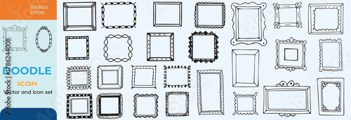 Hand drawn Doodle frames. Vintage doodle sketch picture frame. Blank black square cadre sketches painted by hands vector set
