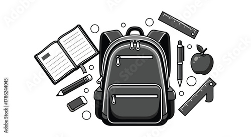 A backpack is surrounded by school supplies including a notebook, pencils, an apple, and rulers.