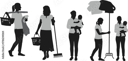 Domestic chores, household work, laundry basket, cleaning tools, caregiving, parenting, mop usage, family life, home routine, silhouette illustration