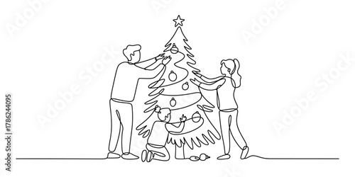 Continuous line art of family decorating christmas tree together