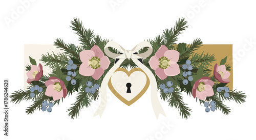 A charming illustration of a heart-shaped lock adorned with delicate pink flowers, evergreen branches, and a white ribbon, perfect for celebrations.