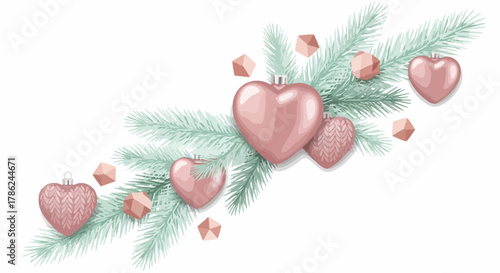 A festive illustration features pink heart ornaments and geometric shapes adorning a delicate, light green fir branch, perfect for celebrations.
