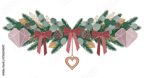 A beautifully illustrated festive Christmas garland featuring evergreen branches, pinecones, elegant red bows, and charming ornaments, perfect for holiday season designs.