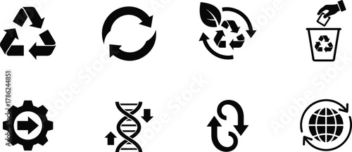 Sustainable recycling, process, and global environment icons set