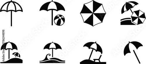 Minimalist collection of black and white beach umbrella icons