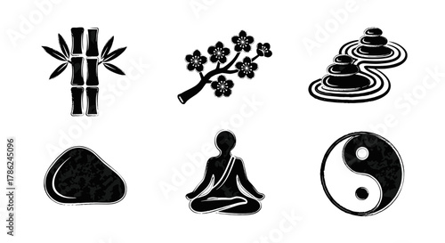 Symbols of balance and harmony including yin yang and bamboo  