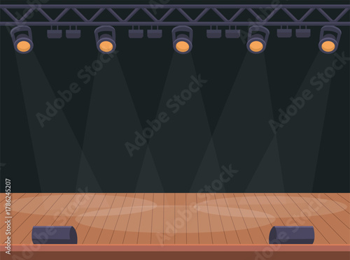 Empty music stage. Concert stage with spotlights. Vector stock
