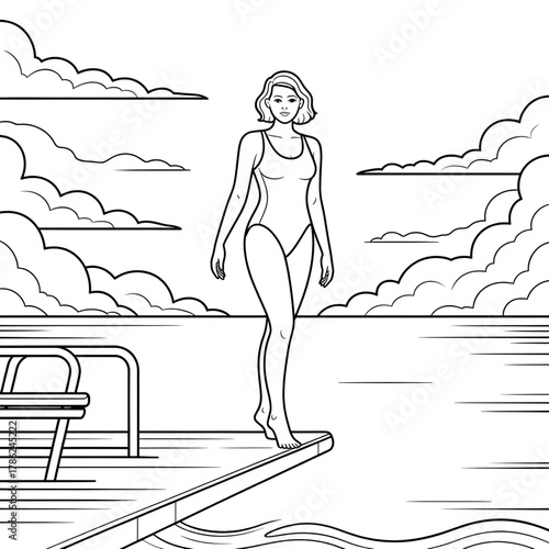 Woman on Diving Board Coloring Page – Summer Beach Pool Vector Illustration for Relaxation and Art Lovers