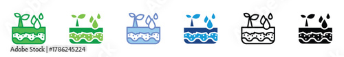 Soil Moisture Icon Set – Water Drop and Plant Growth Symbol, Agriculture Irrigation, and Environmental Hydration Vector Illustration