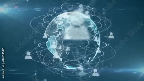 Digital globe with connected users, global network concept on dark blue background. Usable for tech and social media