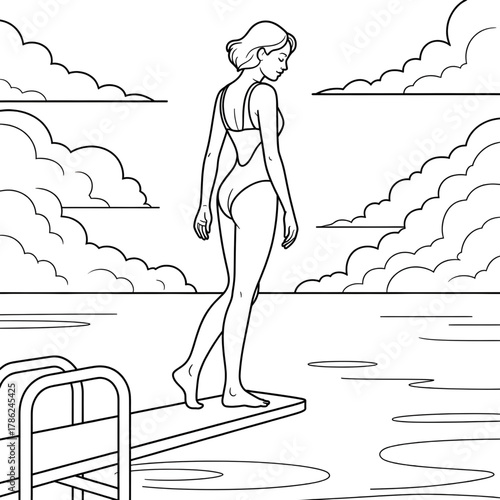 Woman on Diving Board Coloring Page – Summer Beach Pool Vector Illustration for Relaxation and Art Lovers