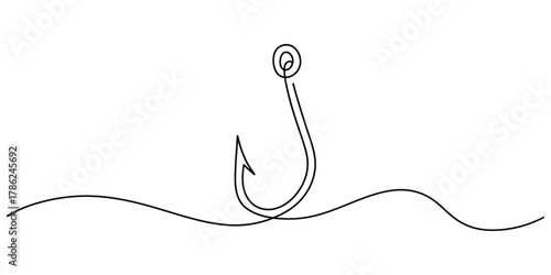 Minimalist single continuous line drawing of a fishing hook concept.