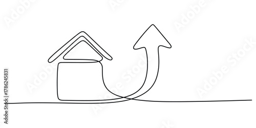 Continuous line drawing of a house with an upward trending arrow.