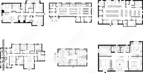 Set of six architectural floor plans