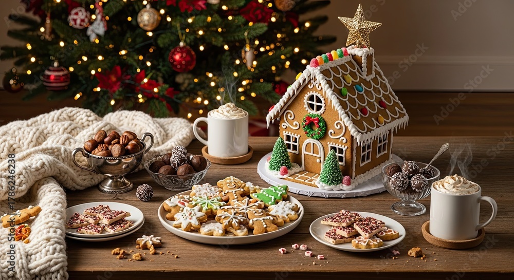 Fototapeta premium Festive Gingerbread House and Holiday Cookies Display