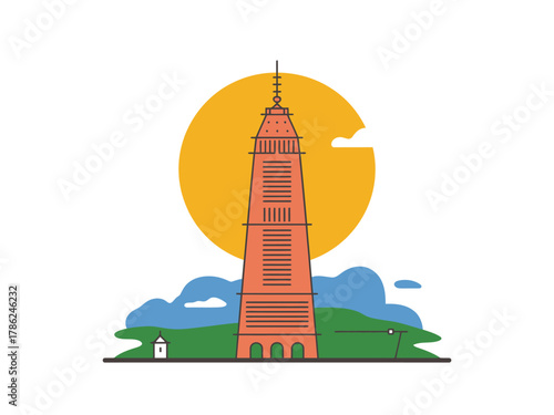 A tall, striped tower stands against a large sun and cloudy sky.