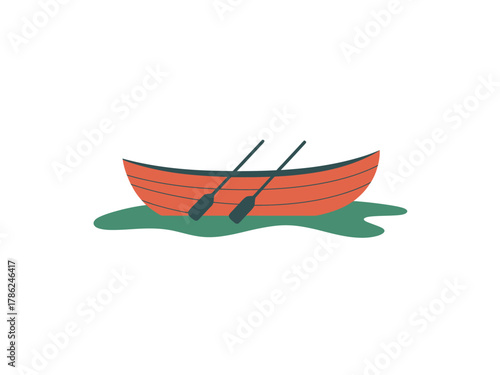 A small orange rowboat with oars floats on calm green water.