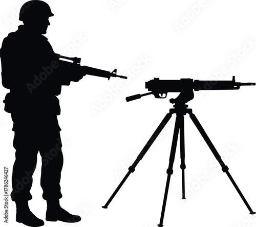 Soldier silhouette, rifle held, machine gun tripod, military stance, combat zone, armed forces, battlefield setup, tactical posture, defense gear, war ready