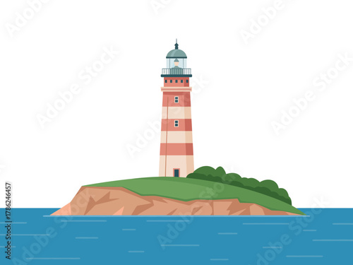A lighthouse stands tall on a small island surrounded by the vast ocean.