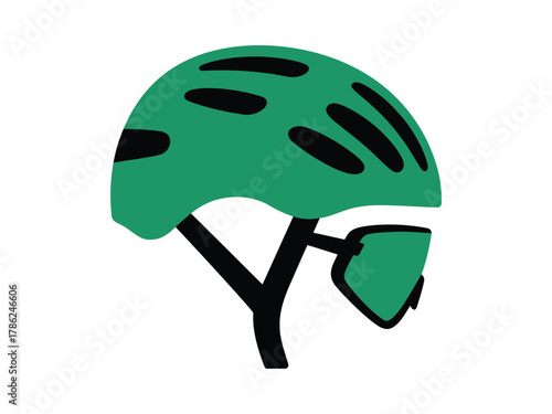 A green bicycle helmet with attached sunglasses is depicted against a white background.