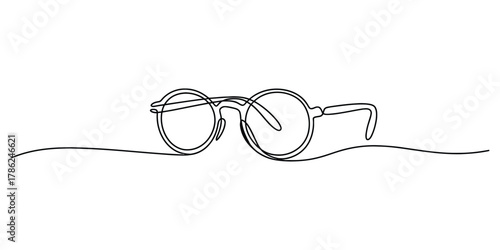 Continuous line art drawing of stylish retro round spectacles