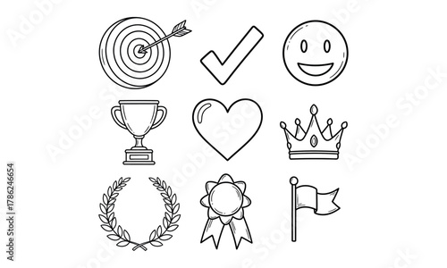 A collection of hand-drawn icons representing success, achievement, and positive emotions.