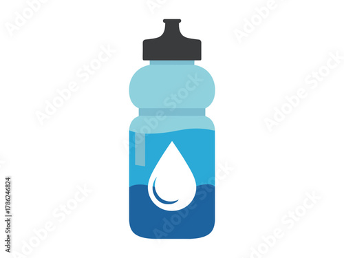 A stylized illustration of a reusable water bottle filled with blue liquid and a white water drop symbol.