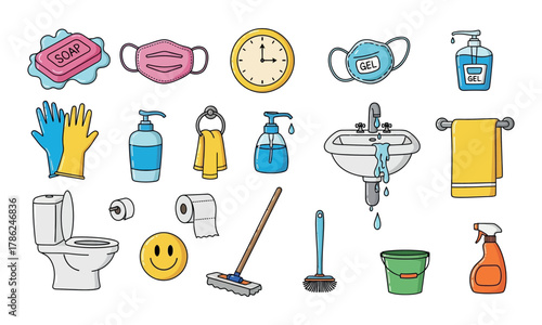 A collection of household items, including soap, mask, a clock and others arranged in a neat fashion. Vector illustration